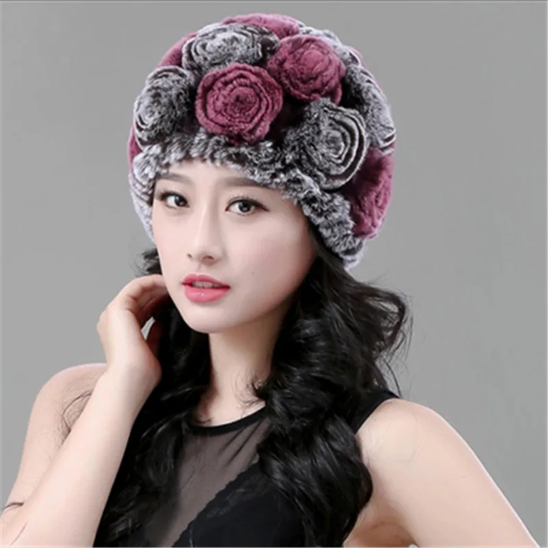 Шапка из меха кролика рекс пятилетняя утепленная вязаная зимняя купольная шапка