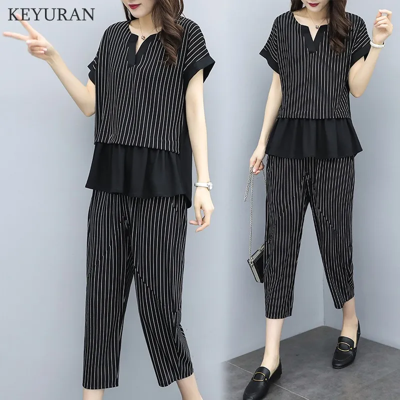 Summer New 2019 Women Fashion Stripe Two Pieces Sets Female Patchwork Tops and Ankle Length Pants Woman Casual Loose Suits L3112 | Женская