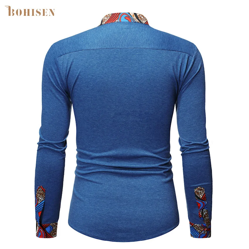 BOHISEN African Print Cotton Shirt For Men New High Stand Collar Patchwork Button Top T-shirt Slim Fitted Men's Kente Clothing |