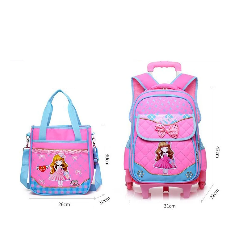 2pcs/Set Trolley School Bag for Girls Cute Bow With Princess larger Capacity bags with six Wheels Kids Hand Bags | Багаж и сумки