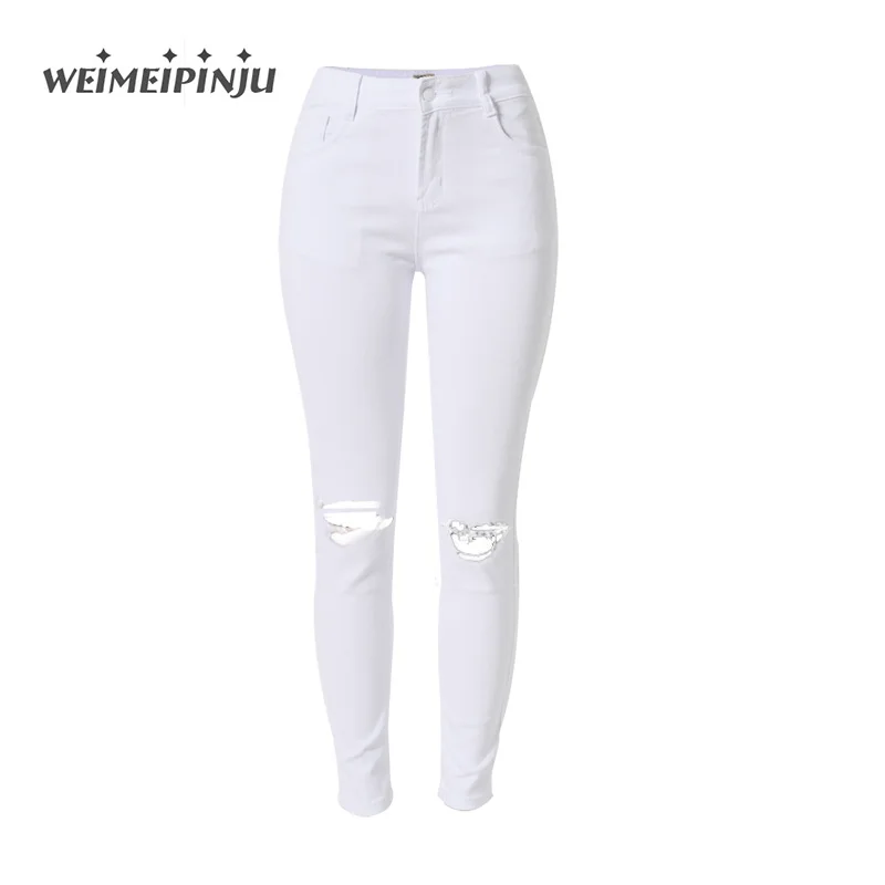 Джинсы для женщин Для 2018 Лето узкие Высокая талия рваные белые ковбойские