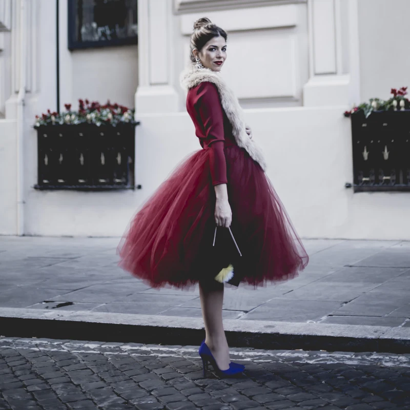 

High Street Fashion Tulle Tutu Skirt Custom Made Burgundy Ball Gown Knee Length Midi Skirts for Women Lolita Saia Faldas