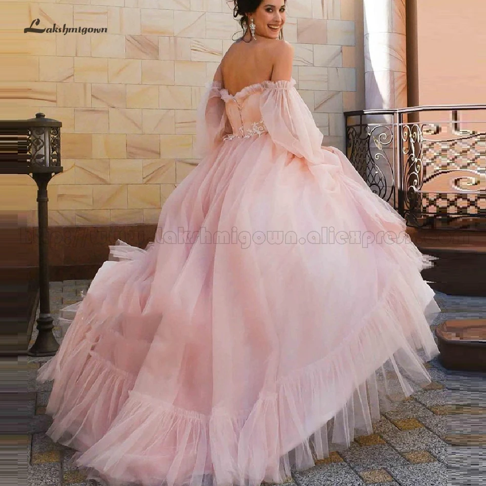 Lakshmigown Floral Pink Wedding Dress A Line Elegant Long Sleeve Bridal Dresses Off Shoulder Gelinlik Tulle Wedding Gown