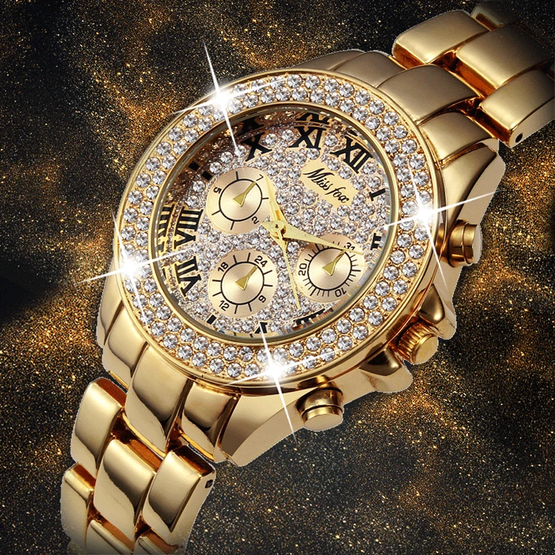 

MISSFOX Women Watches Luxury Watch Women Fashion Fake Chronograph Roman Numerals 18K Gold Ladies Watches Quartz Wristwatch