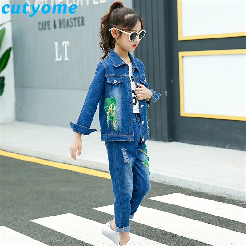 Комплект одежды для маленьких девочек осень 2019 детская джинсовая куртка +