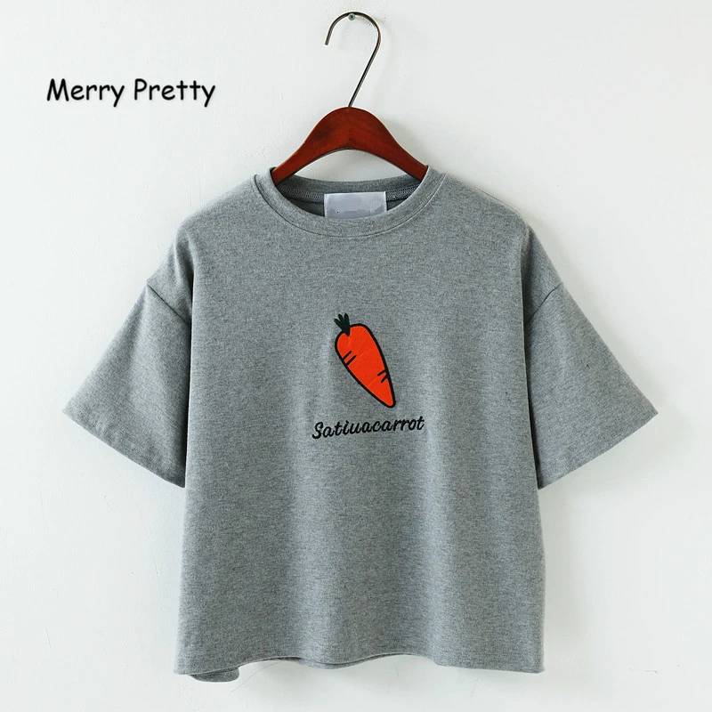 Merry Pretty Harajuku женская футболка с морковкой и надписью, хлопковые футболки с вышивкой, женские милые футболки, серые повседневные футболки для девочек