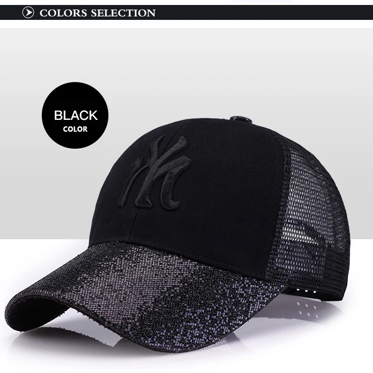 QIXINCAT New Fashion Shiny Glett Women Summer Sports Outdoors Adjustable Mesh Baseball Cap NY Embroidery High Quality Punk Hat
