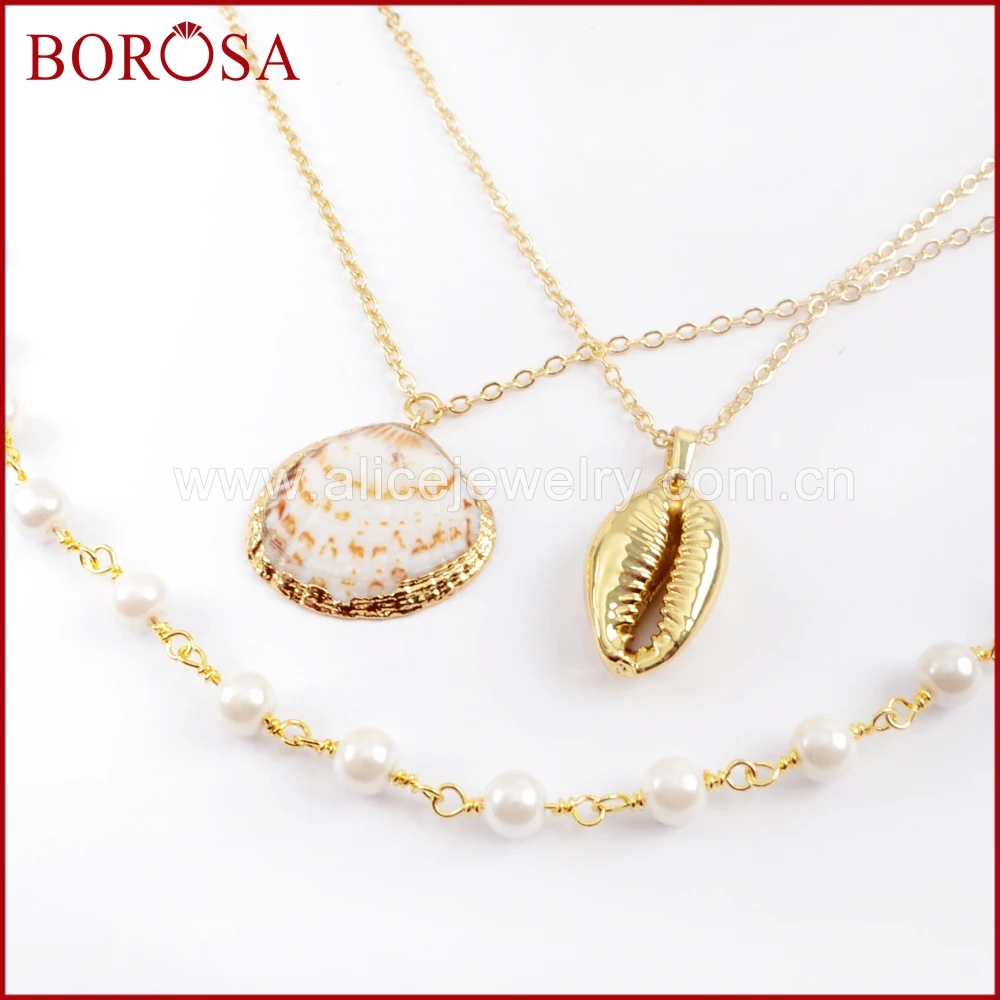 BOROSA 3/4/5PCS Natural Cowrie Shell Scallop With 26inch Pearl Beads Chains Pendant Necklace Jewelry for Women G1636 | Украшения и
