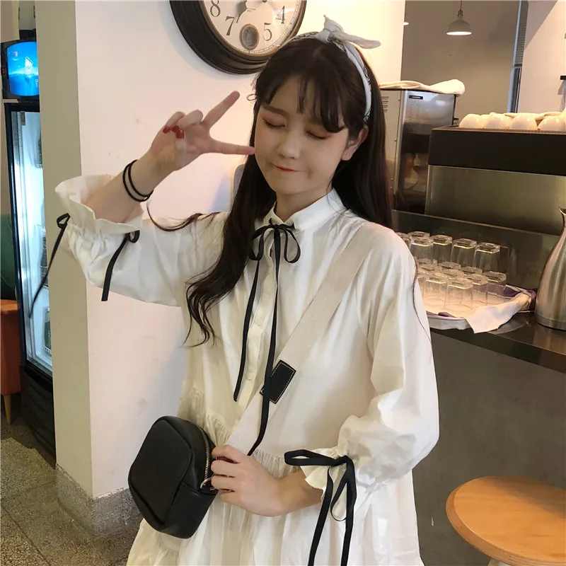 Осеннее японское женское белое платье Harajuku хлопковое Бандажное Повседневное в