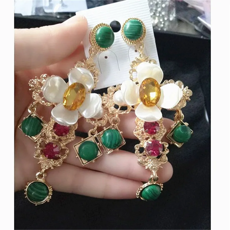 Big Statement Baroque Cross Earrings For Women 2017 New Green Rhinestone Flower Long Fashion Jewelry Christmas Gift | Украшения и