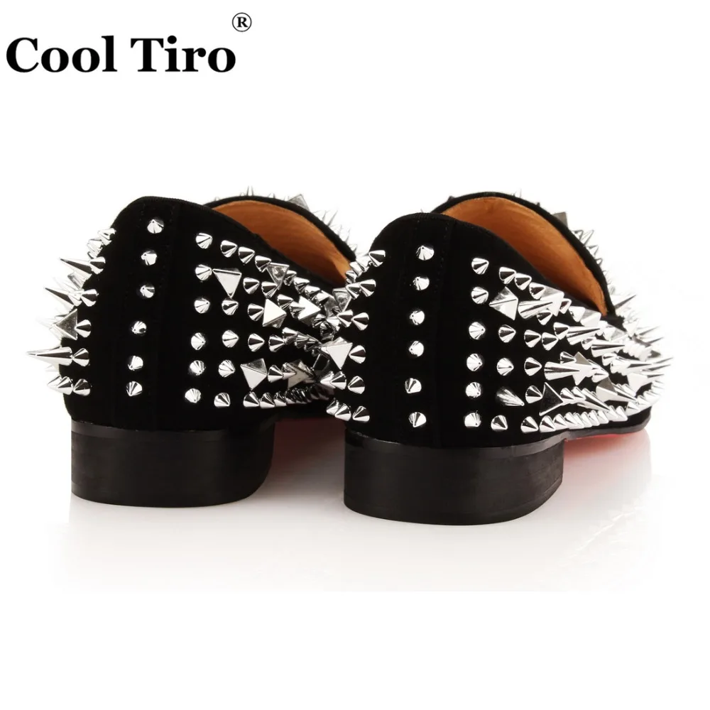 COOL TIRO/Серебристые лоферы с шипами; мужские слипоны; обувь для торжеств; свадебные туфли на плоской подошве из натуральной кожи; черные замшевые модельные туфли; us13