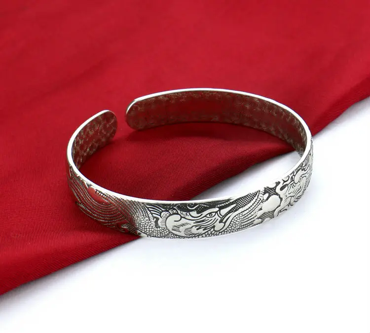 Тайский Серебряный стильный черный браслет. Гармония дракона и феникса. Подходит