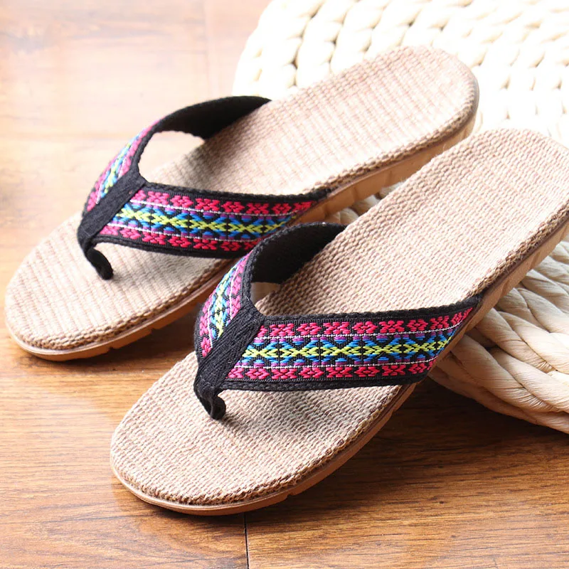 

New Summer Linen Women Slippers Ethnic Lattice Fabric Eva Flat Non-Slip Flax Flip Flop Home Slides Lady Sandals Straw Beach shoe