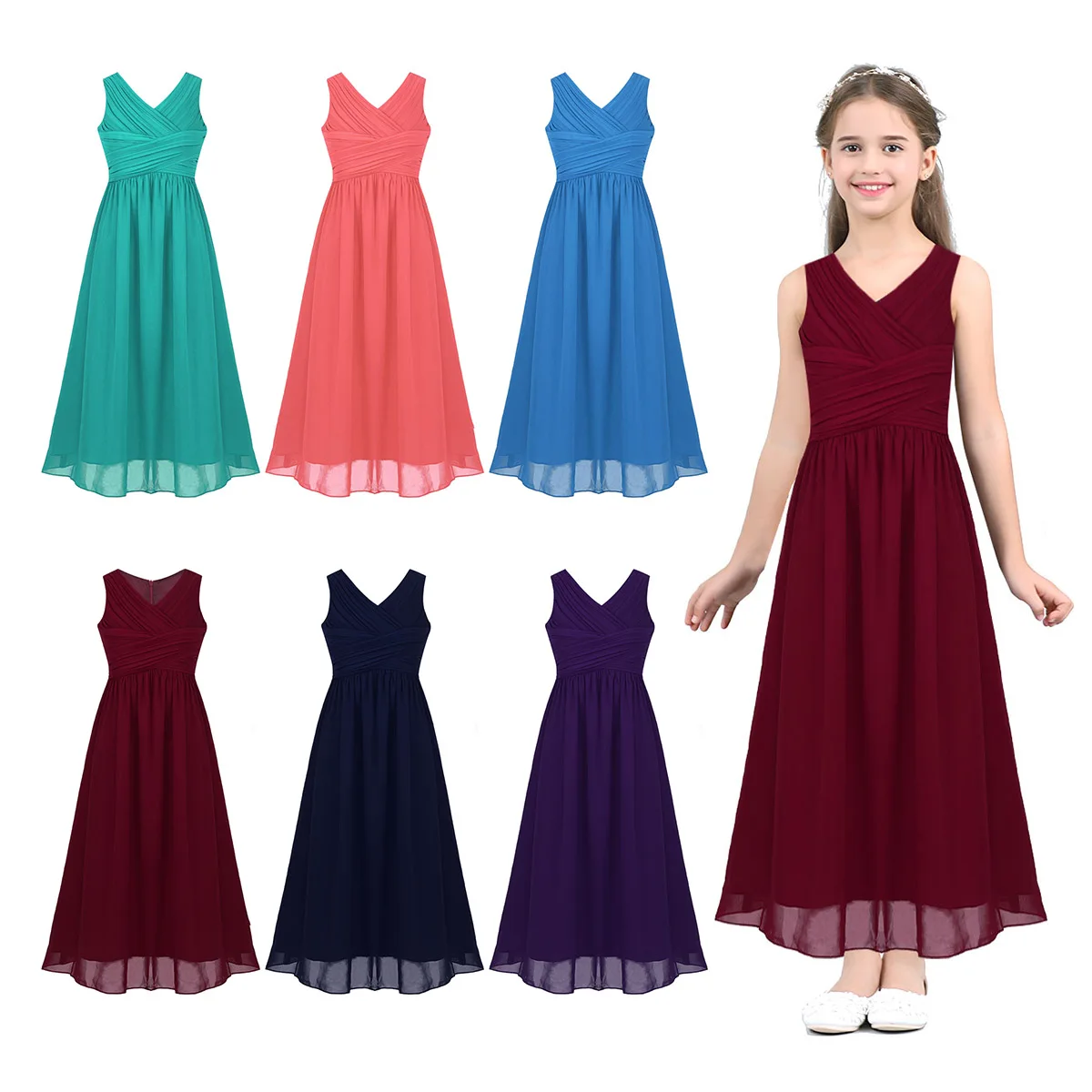 Girls Clothing Chiffon Dresses Sleeveless V-neckline Flower Girl Dress Kids Princess Tutu Pageant Wedding Birthday Party | Детская