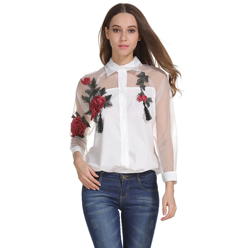 

2019 Women's Autumn Embroidered Rose Flowers Long Sleeve Shirt Hollow Mesh Yarn Elegant Office Lady Blouse Tops Blusas Plus Size
