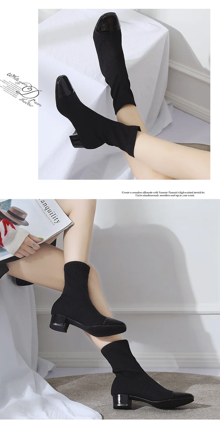 NEW Fashion Female mid calf Sock Boot Chunky Mid Heel Stretch Knit Bootie Elastic Square Toe Sexy Lady Shoe Women Brown Footwear