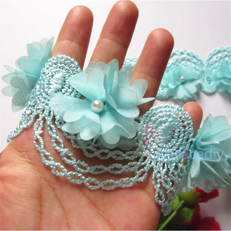 Вышитая кружевная отделка 10x сине-зеленая искусственная ткань ручной работы