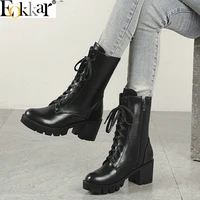 eokkar 2019 women ankle boots zipper lace up square heel winter boots women shoes pu leather platform ladies boots size 34 43