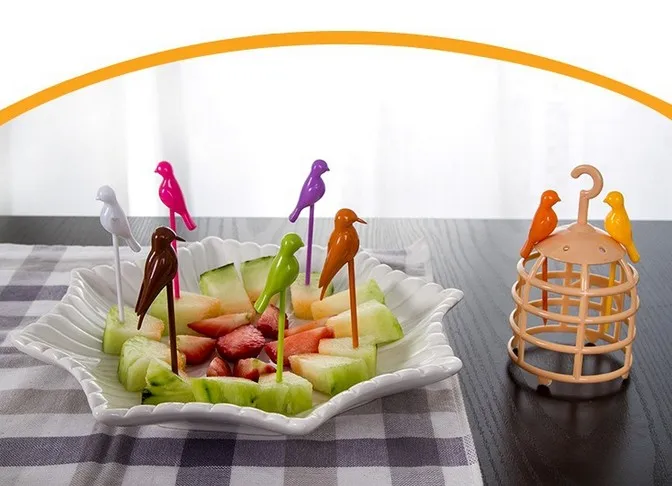 6 шт./компл. креативные в форме клетки для птицы вилки фруктов милые пластиковые