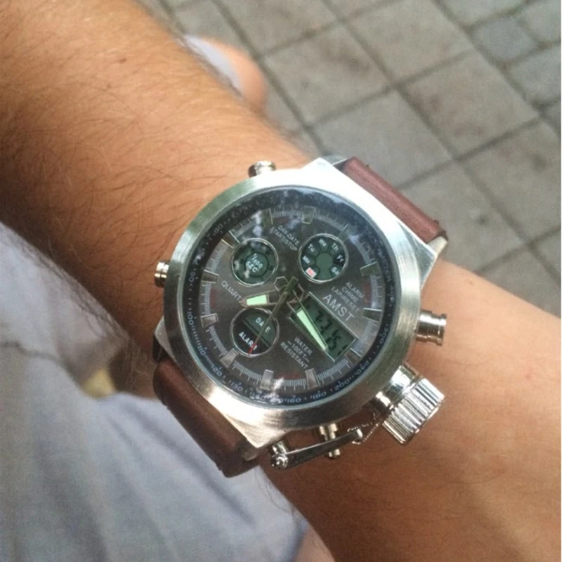 Часы Мужчины Люксовый Бренд AMST Спорт Кварцевые Кожаный Ремешок СВЕТОДИОДНЫЕ