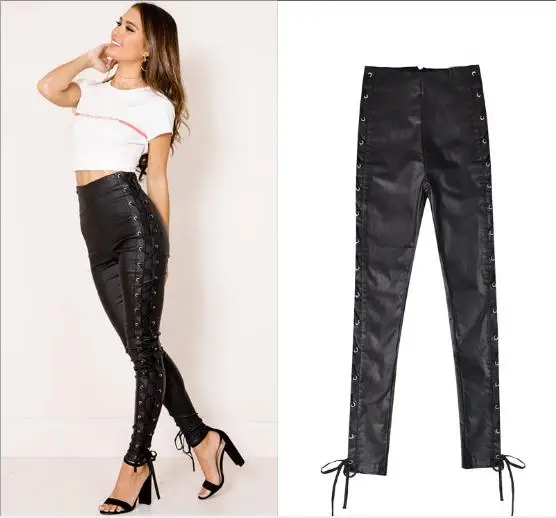 Женские эластичные брюки из искусственной кожи двухсторонние ремни с высокой