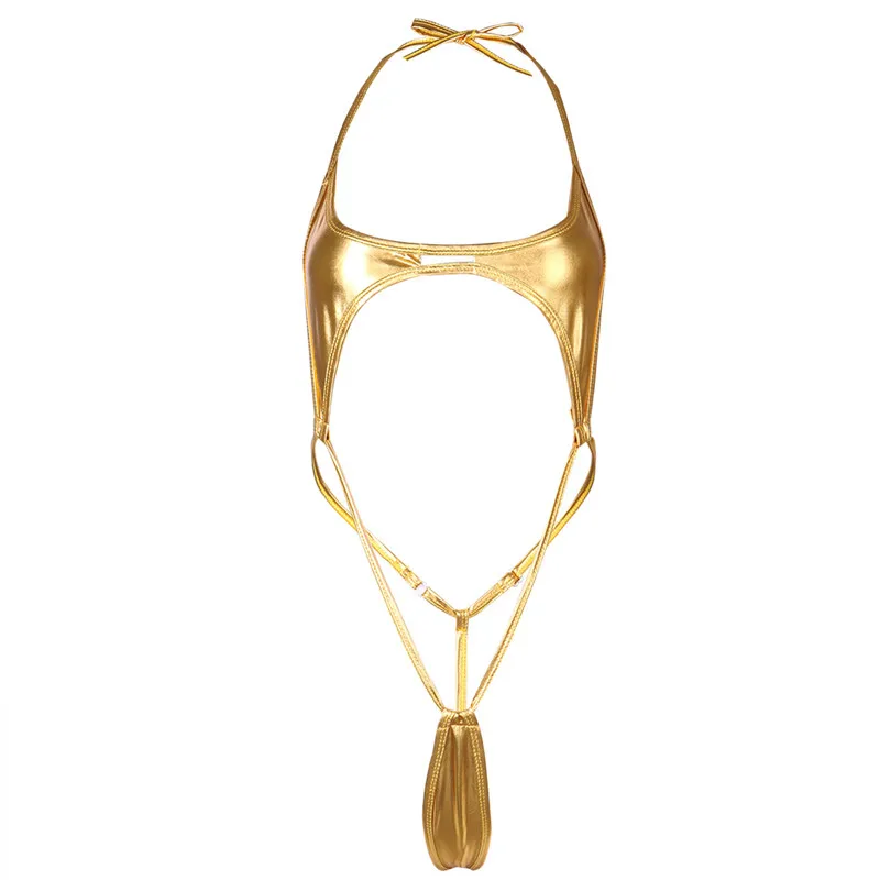 Gold Женский Монокини, бикини, купальник, с высокой посадкой, бикини, купальник, нижнее белье, кожа, Холтер, Тедди, стринги, боди, женский купальник - Цвет: Gold