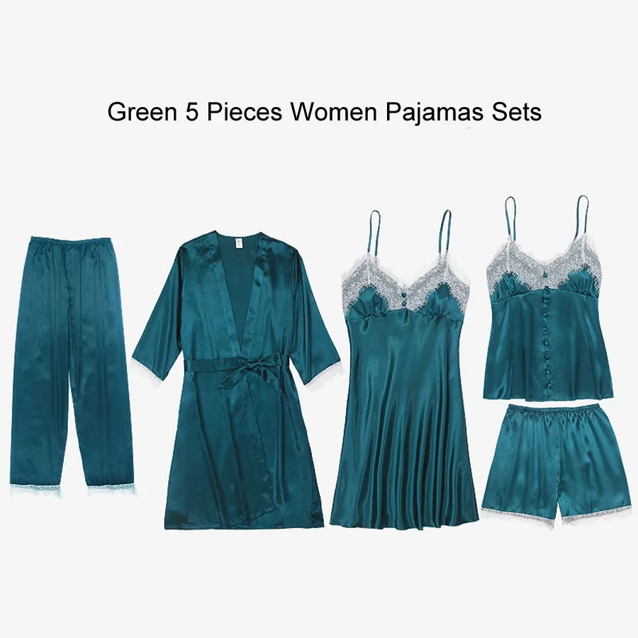 Green Pajama Set (1) Сексуальный халат и платье наборы для женщин атласная одежда для сна комплект из 5 предметов летний домашний вечерний комплект с платьем Slik кружевное ночное белье халат сексуальное ночное платье - Цвет: Green Pajama Set (1)