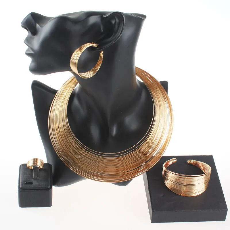 Fashion Women Multilayer Punk Statement Necklace Bangle Earring Ring Charm Party Chain Luxury Choker Collar Jewelry Sets | Украшения и