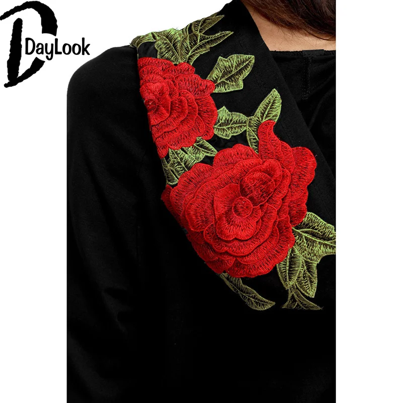 Daylook Chic осень модные женские туфли кофты с длинным рукавом капюшоном черный Blusa Свободные Роза Вышивка