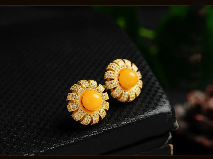 

Pure S925 Sliver Earrings Yellow Beeswax Best Gift Sun Flower Stud Earrings