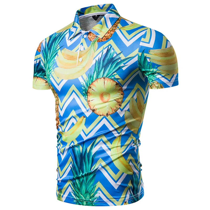 Мужские рубашки поло бренды ананас с цветочным принтом, короткий рукав Camisas Polo мужские модные летние забавные Гавайские розовые поло для мужчины m-xxl - Цвет: PL92-Blue