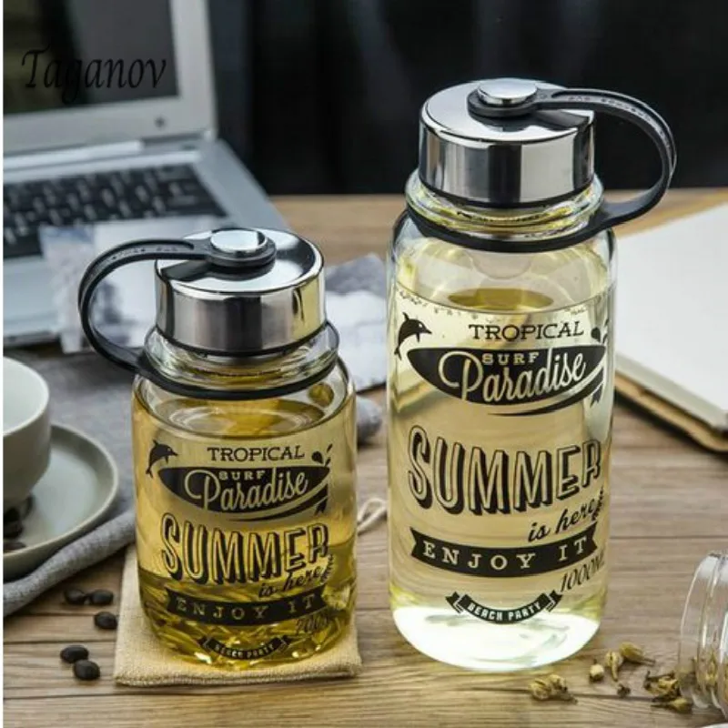 

700ml, 1000ml Brief Large capacity Glass BOTTLE Big mouth Sport Summer Water Bottle for Traveling Hiking Walking with cup set