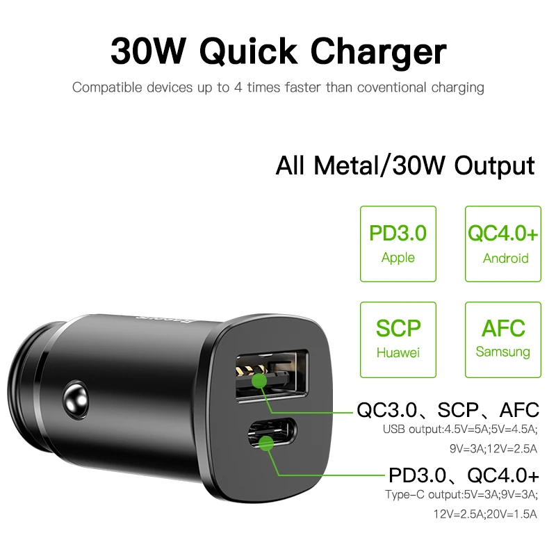 Автомобильное зарядное устройство Baseus 30 Вт USB Type C PD Quick Charge 4 0 3 SCP мобильный