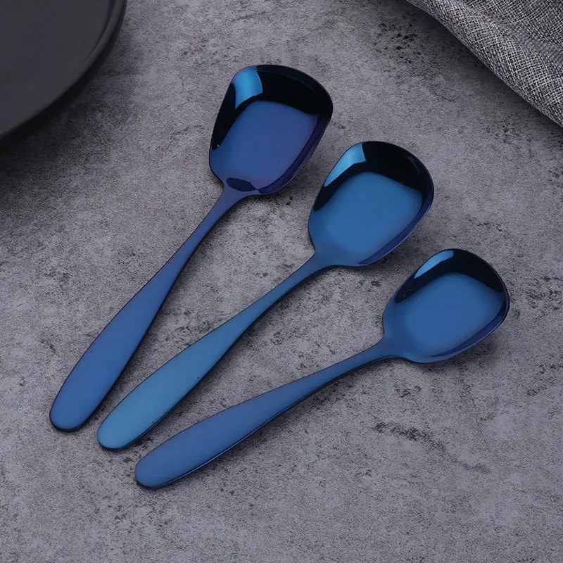 Blue-3sizes 3 шт./компл. ложки с плоским дном 18/8 из нержавеющей стали квадратный дизайн салатные столовые приборы Десертные Ложки для супа 3 размера благородные столовые приборы - Цвет: Blue-3sizes