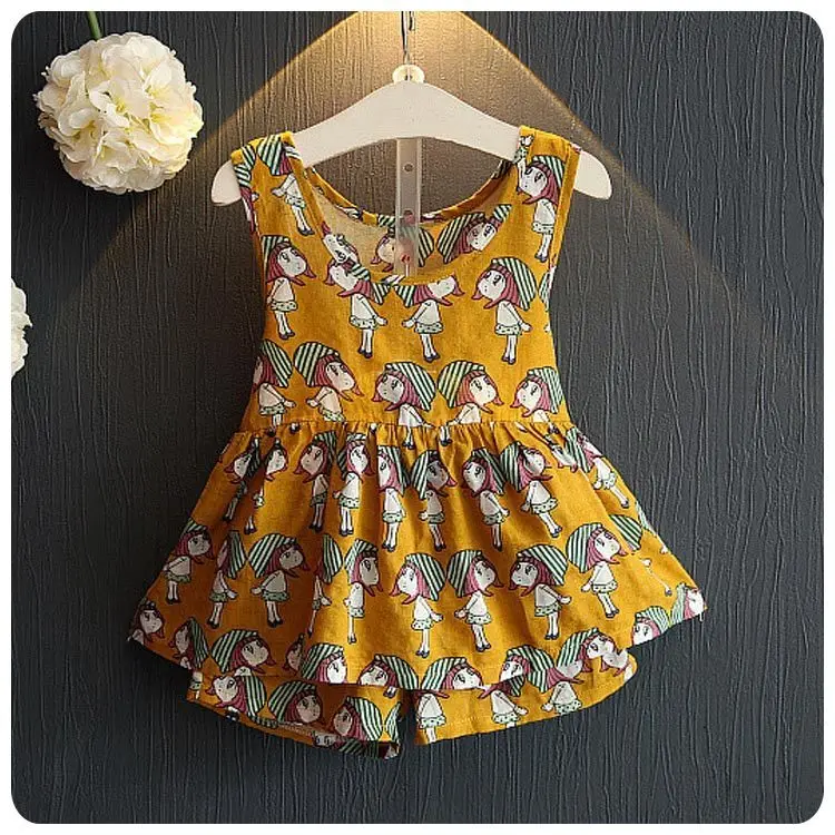 

2016 Summer Korean 2 Pieces Set Girl Garment New Pattern Girl Baby A Doll Printing Skirt Pendulum Jacket T-Shirt Shorts Suit