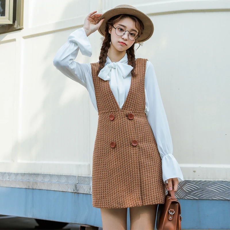 2018 женское корейское Панк Harajuku Ulzzang весеннее школьное двубортное платье с v