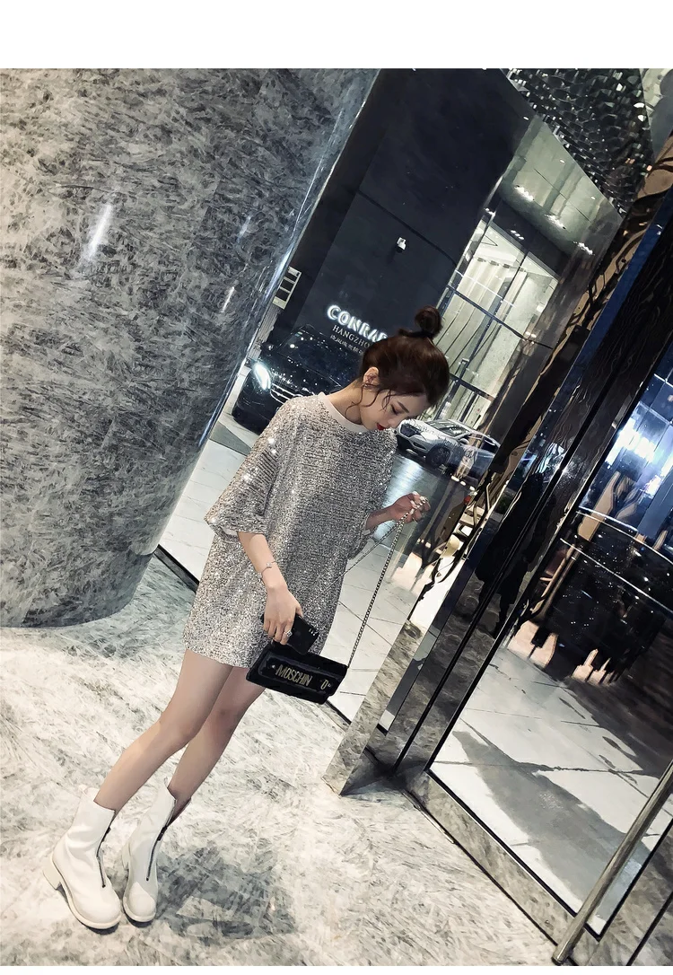 Модная женская рубашка плюс размер новая средней длины с блестками абрикосовый черный короткий рукав длинная футболка юбка Женская Сексуальная футболка