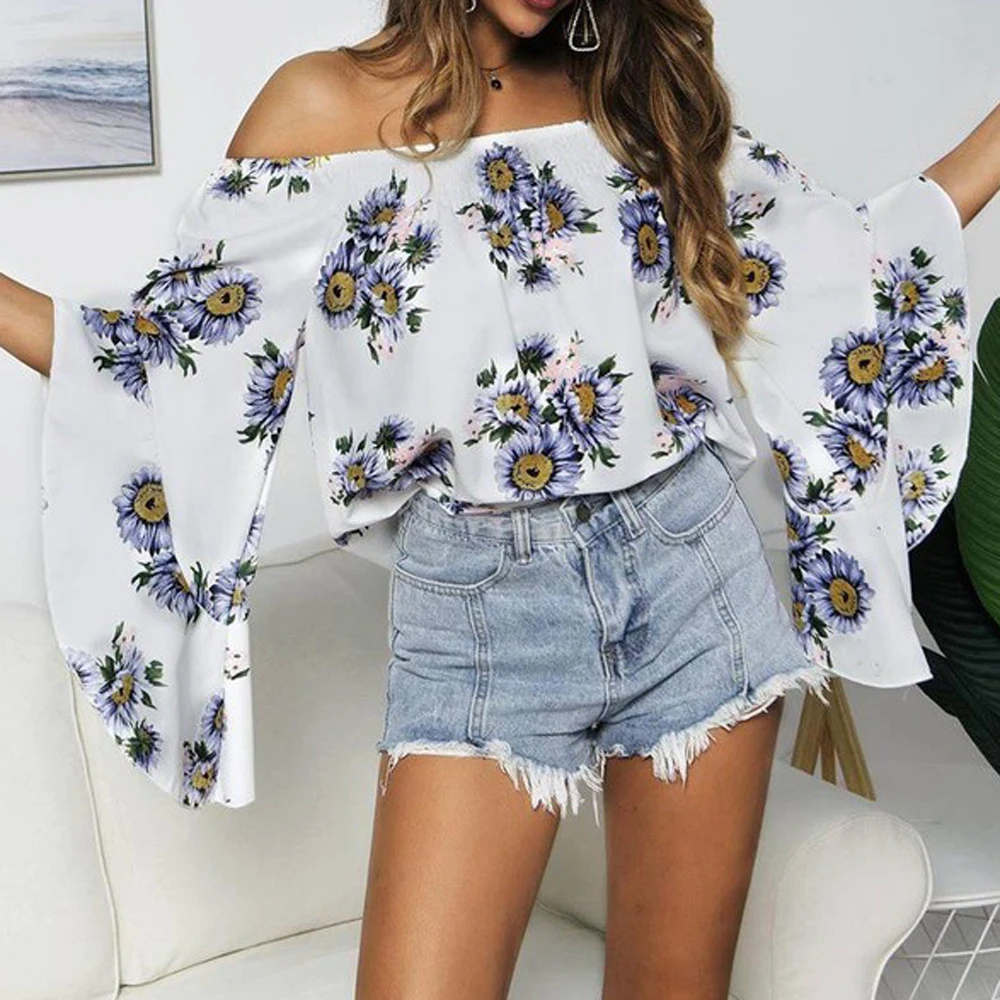 

Sunflower Floral Printed Fashion Chiffon Cool Shoulder 3/4 Bell Flare Sleeve Woman Tops T-Shirt