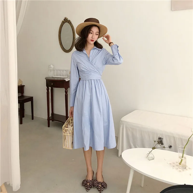 2018 Vintage Asymmetrical Long Sleeve Shirt Dress Women Back Bow with Sashes Korean Chic Yellow Blue Woman Casual Spring | Женская