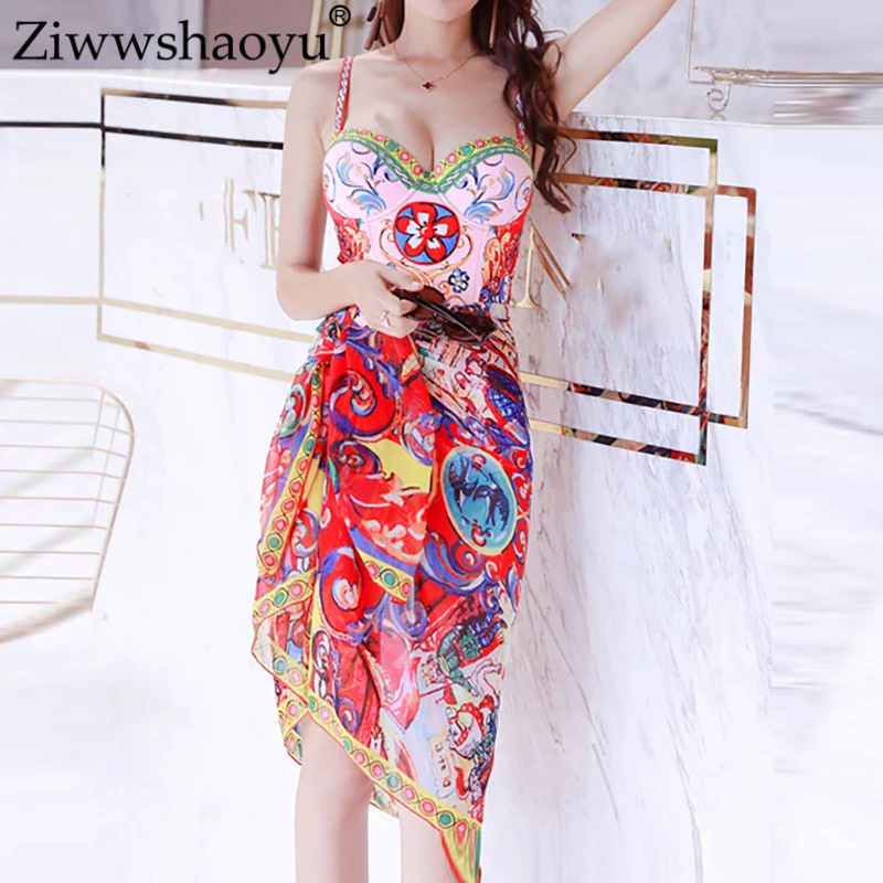 

Ziwwshaoyu Vacation Beach Print Bodysuits Vintage Print Bodysuits + Scarf Summer new women's