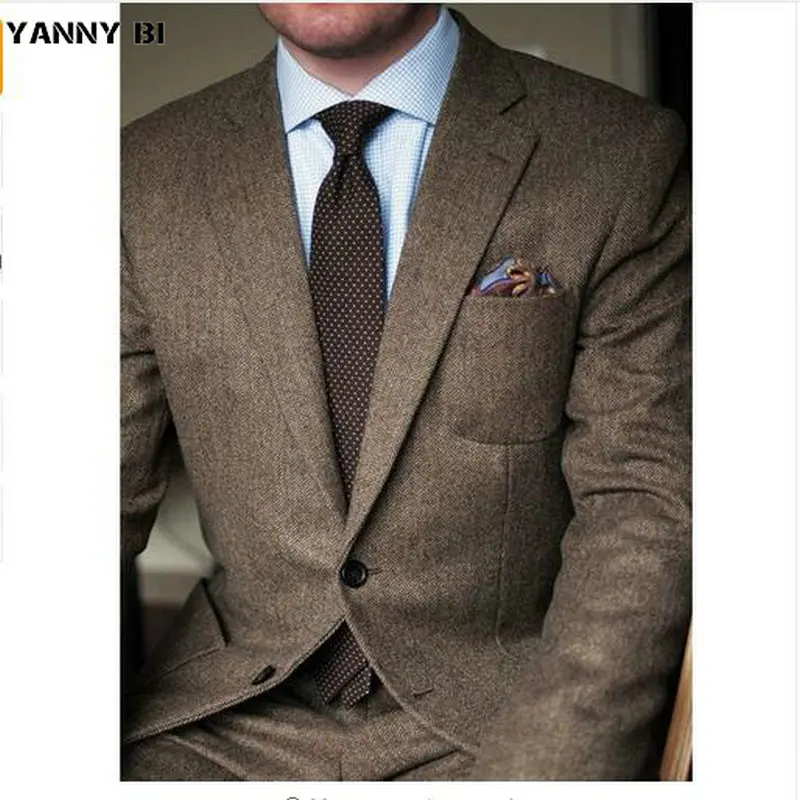 Твидовый Блейзер темно коричневого цвета мужской шерстяной приталенный в елочку