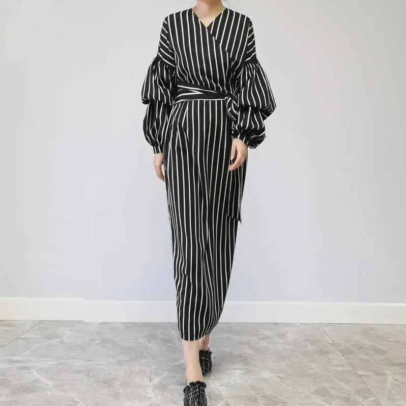 Black Vestidos кафтан арабский абайя Дубай женское длинное Полосатое Макси мусульманское платье хиджаб Восточный халат из марокена Турецкая мусульманская одежда - Цвет: Black