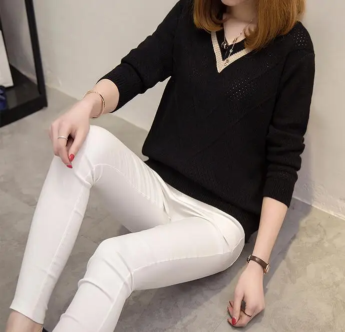 Rlyaeiz Fashion V-neck Hollow Knitted Sweater Women Long Sleeve Loose Pullover Female Casual jumper 2018 Spring Autumn New | Женская