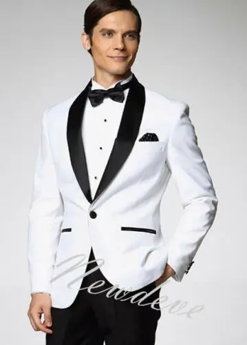 

White Black Wedding Suits 3 Pcs Groom Tuxedos Formal Groomsman Lapel Custom Made