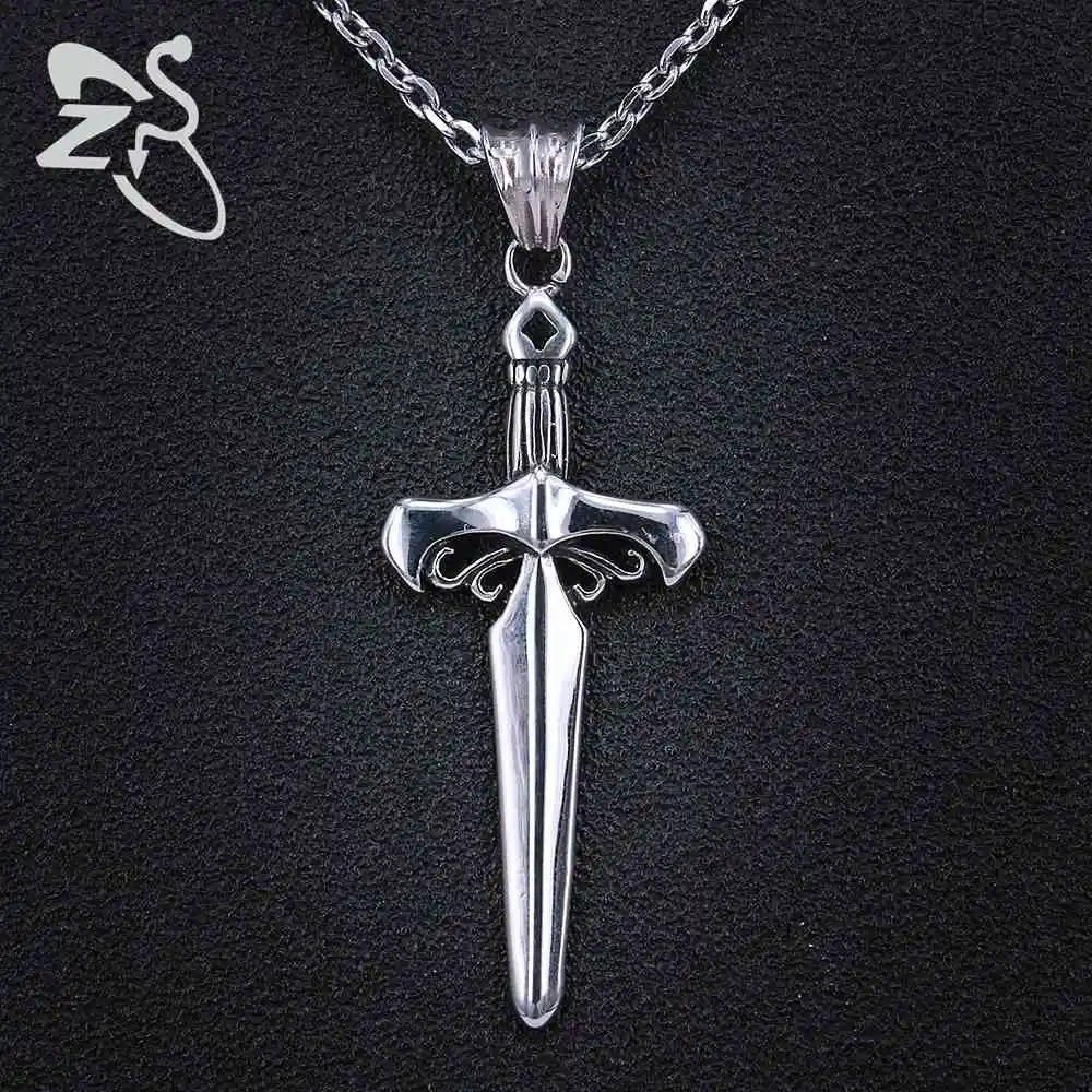 ZS 1 PC Cross Sword Necklace Punk Style Long Pendant Vintage Chains Stainless Steel Choker Weapon Totem Amulet Brave Men Jewelry | Украшения