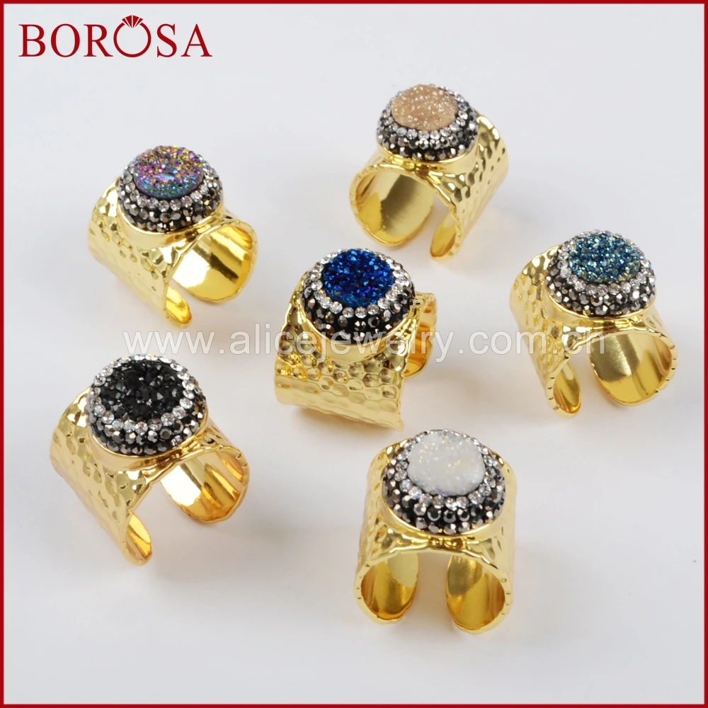 

BOROSA Druzy Gems Crystal Gold Band Rings,Rhinestone Pave Round Crystal Titanium Rainbow Drusy Ring Fashion Jewelry JAB755