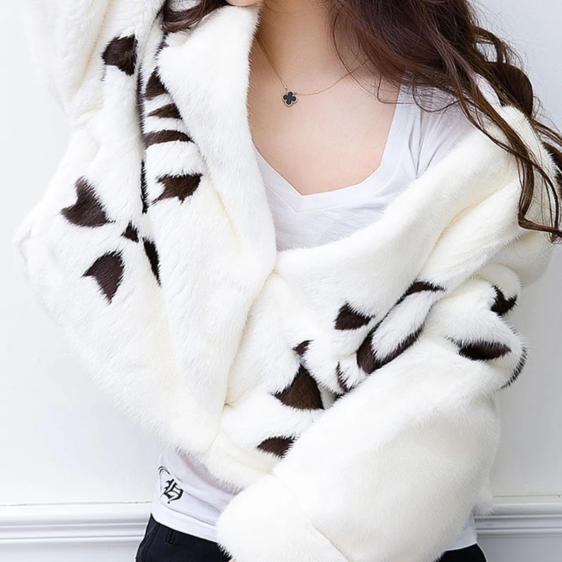 jade pride 2018 New Print V-Neck Short Velvet Mink Coat Thick Warm Winter Outwear Natural Color Full Sleeve Slim Fur Coats | Женская