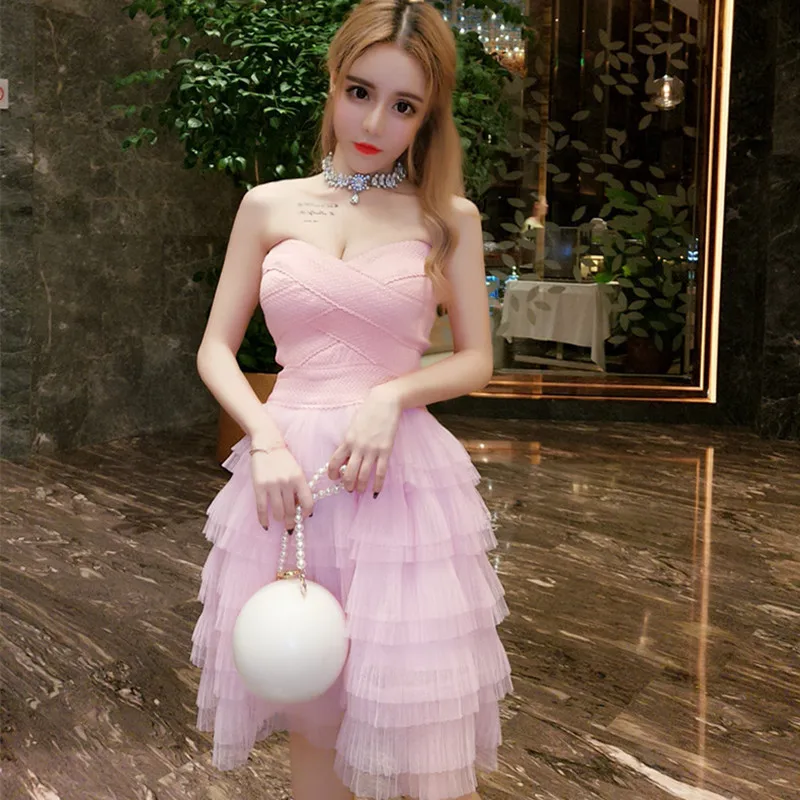 Pink Strapless Ruffles Chic Evening Gowns 2018 Women Dress Cascading Ruffle Formal Celebrity Sexy Party Prom Vestido | Женская одежда