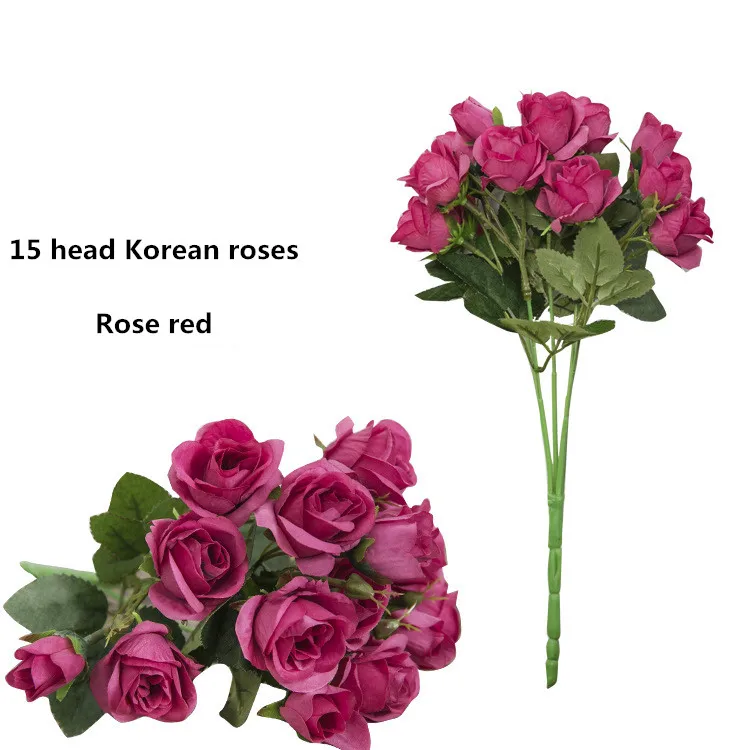 Rose red Корейский стиль, 15 голов, искусственный букет из роз для свадьбы, сцена, макет, поддельный цветок, на Рождество, день, вечерние, сделай сам, украшение, подарок на день рождения - Цвет: Rose red