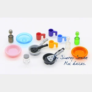 Город аксессуары кубики MOC 15 шт. пищевой контейнер сковорода бутылка тарелка блюдо пивная чашка друзья строительные блоки игрушки для детей